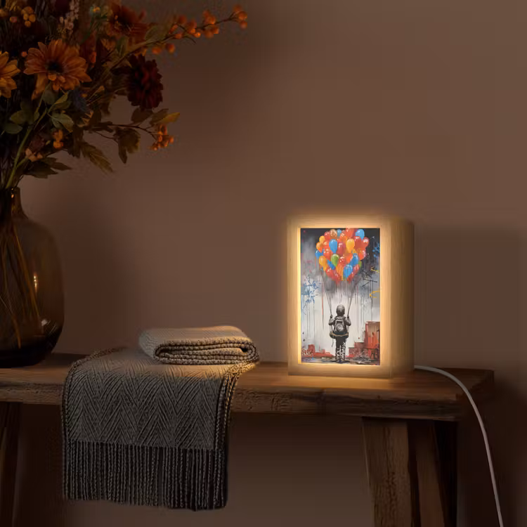 Jongen - Ballonnen - Gebouwen - Kunst Light Box met kabel (Tafellamp) klein -sfeer4