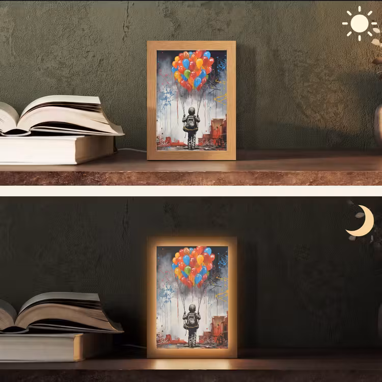 Jongen - Ballonnen - Gebouwen - Kunst Light Box met kabel (Tafellamp) klein -sfeer3