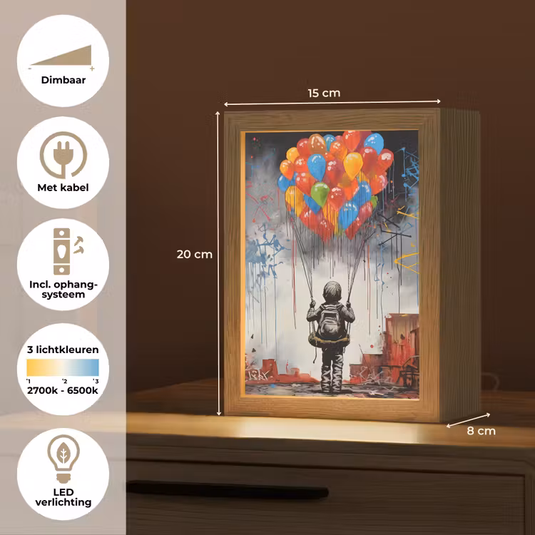 Jongen - Ballonnen - Gebouwen - Kunst Light Box met kabel (Tafellamp) klein -USP_NL
