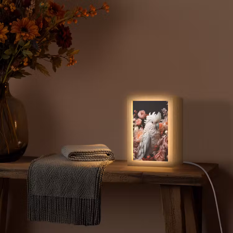 Kaketoe - Dier - Natuur - Botanisch - Bloemen - Roze Light Box met kabel (Tafellamp) klein -sfeer4