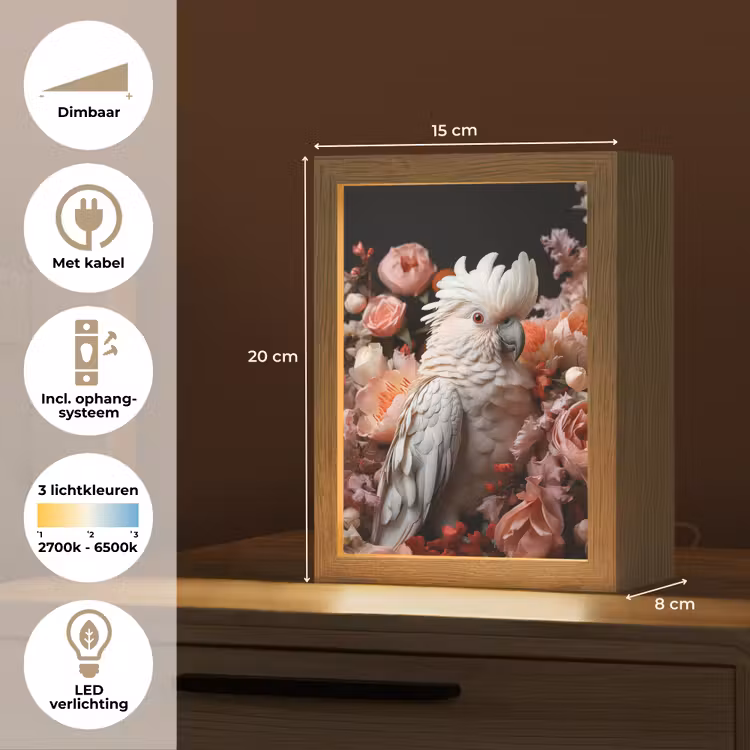 Kaketoe - Dier - Natuur - Botanisch - Bloemen - Roze Light Box met kabel (Tafellamp) klein -USP_NL