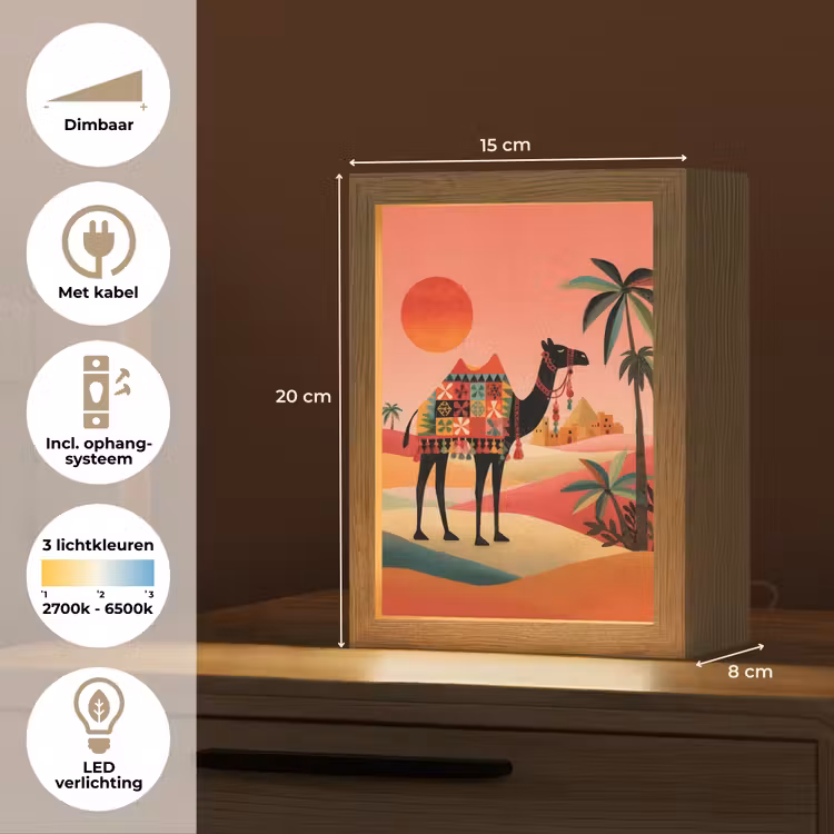 Kameel - Gekleurd tapijt - Duinen - Rode zon Light Box met kabel (Tafellamp) klein -USP_NL