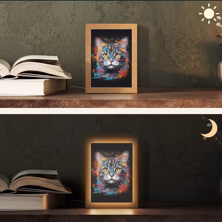 Kat - Graffiti - Dieren - Kleuren - Grijs Light Box met kabel (Tafellamp) klein -sfeer3