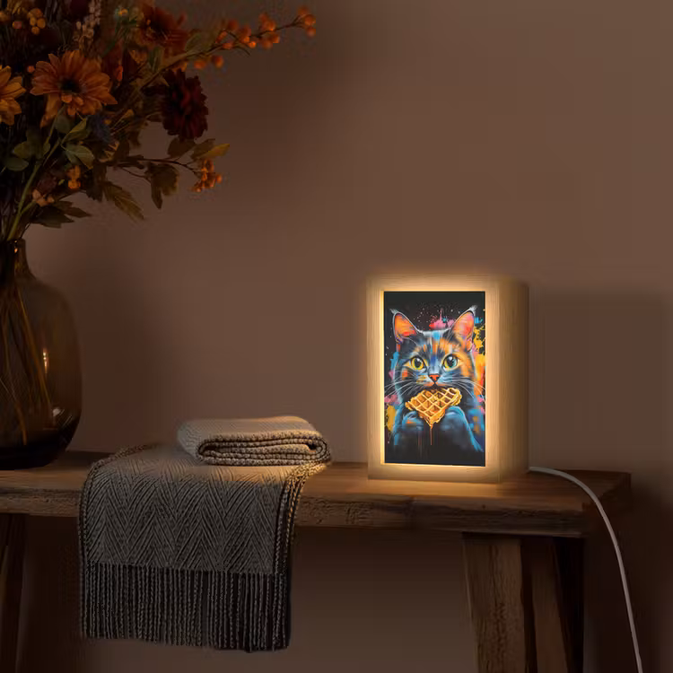 Kat - Graffiti - Kleurrijk - Wafel - Eten Light Box met kabel (Tafellamp) klein -sfeer4