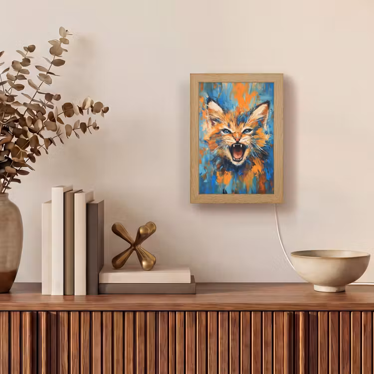 Kat - Kleurrijk - Oranje - Blauw Light Box met kabel (Tafellamp) klein -sfeer2