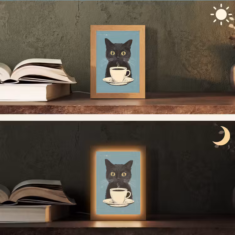 Kat - Zwart - Koffie - Minimalistisch Light Box met kabel (Tafellamp) klein -sfeer3