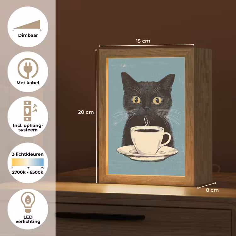 Kat - Zwart - Koffie - Minimalistisch Light Box met kabel (Tafellamp) klein -USP_NL