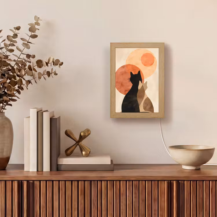 Katten - Zwart - Abstract - Cirkels Light Box met kabel (Tafellamp) klein -sfeer2