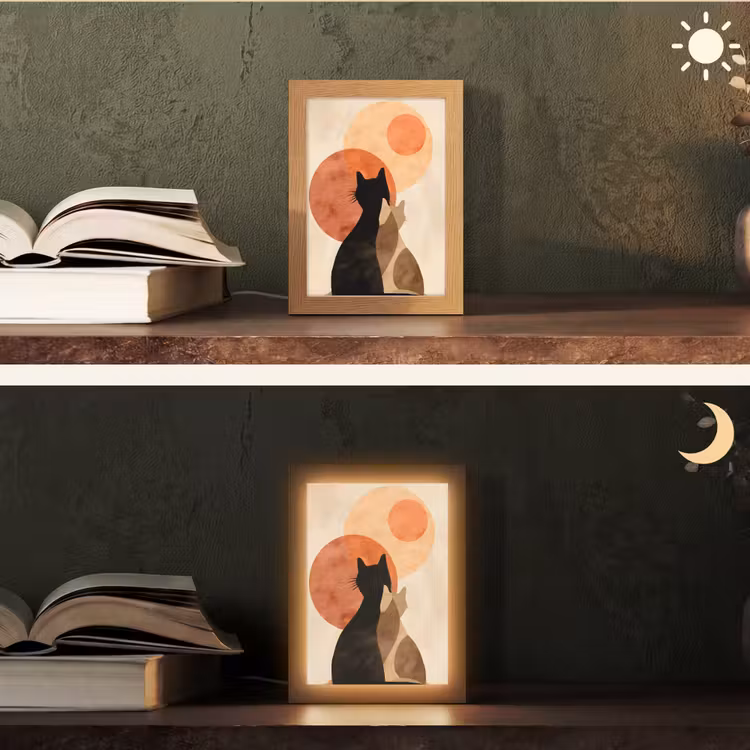 Katten - Zwart - Abstract - Cirkels Light Box met kabel (Tafellamp) klein -sfeer3