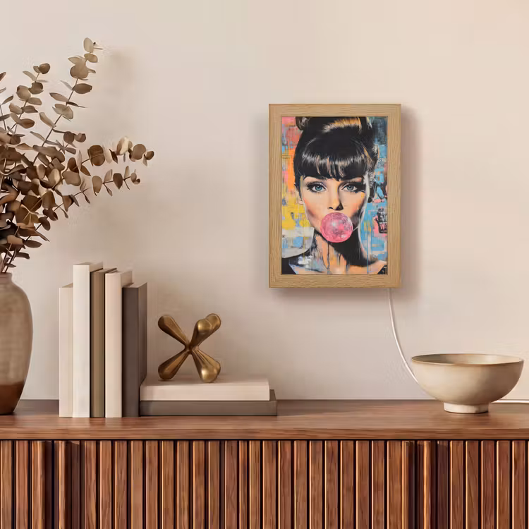 Kauwgom - Vrouw - Penseelstreken - Modern Light Box met kabel (Tafellamp) klein -sfeer2