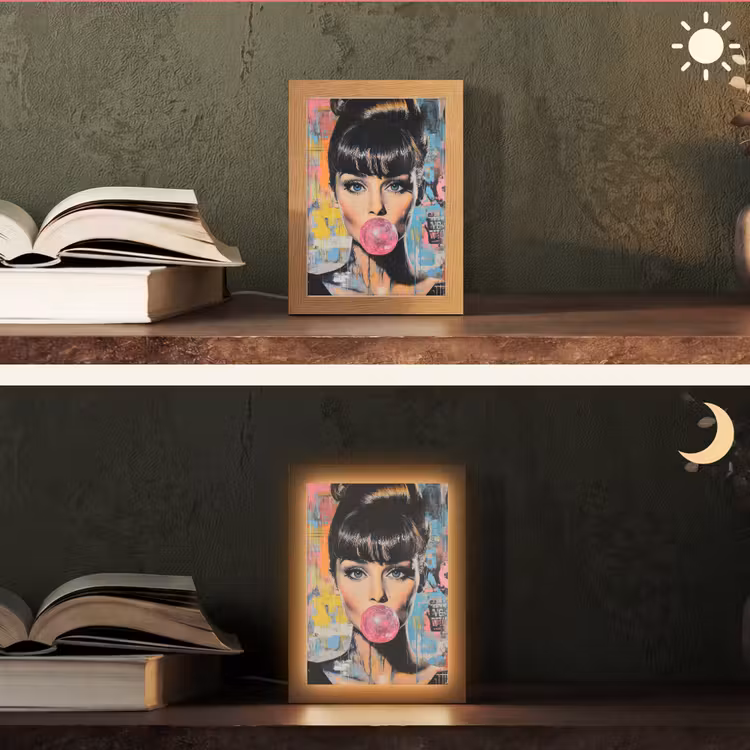 Kauwgom - Vrouw - Penseelstreken - Modern Light Box met kabel (Tafellamp) klein -sfeer3