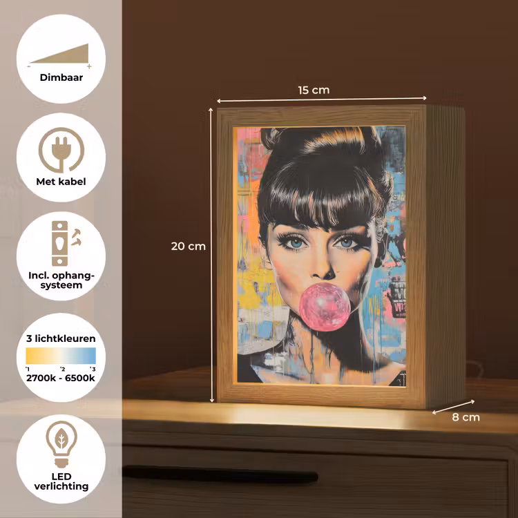 Kauwgom - Vrouw - Penseelstreken - Modern Light Box met kabel (Tafellamp) klein -USP_NL