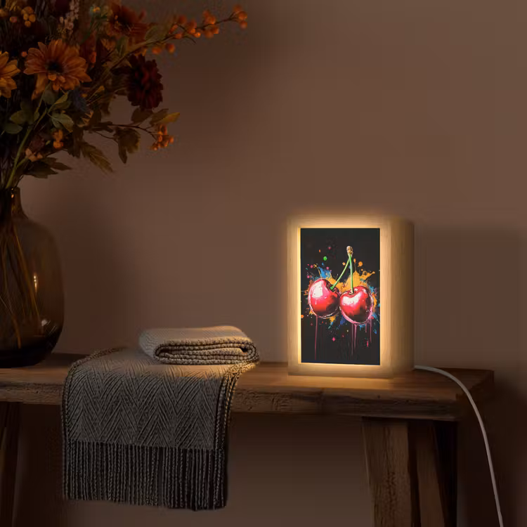 Kersen - Fruit - Graffiti - Verf - Abstract - Modern - Kleurrijk Light Box met kabel (Tafellamp) klein -sfeer4