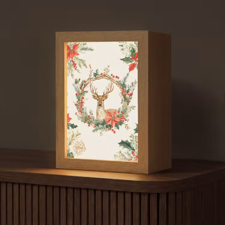 Kerstkrans - Hert - Hulst - Rood Light Box met kabel (Tafellamp) klein -z3d_website