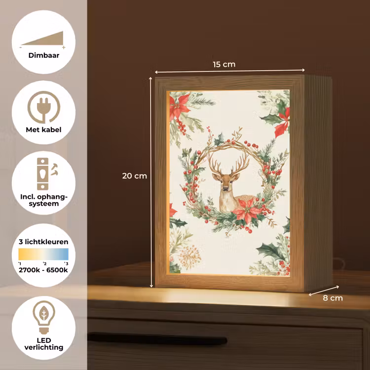Kerstkrans - Hert - Hulst - Rood Light Box met kabel (Tafellamp) klein -USP_NL