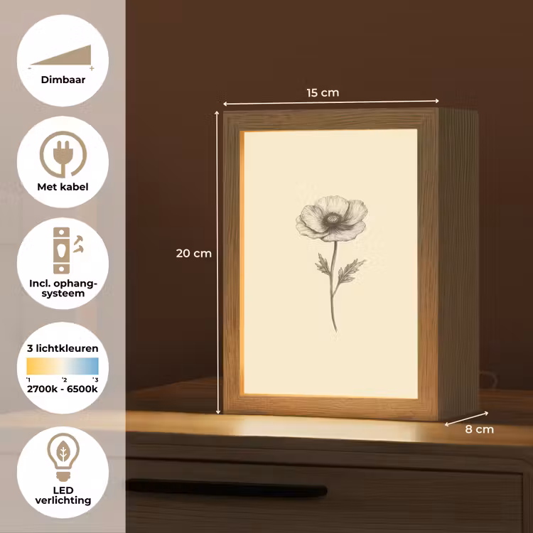 Klaproos - Illustratie - Zwart Light Box met kabel (Tafellamp) klein -USP_NL