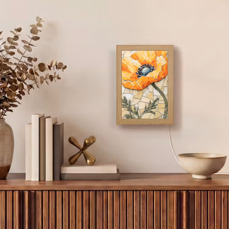 Klaprozen - Oranje - Mozaïek - Bladeren Light Box met kabel (Tafellamp) klein -sfeer2