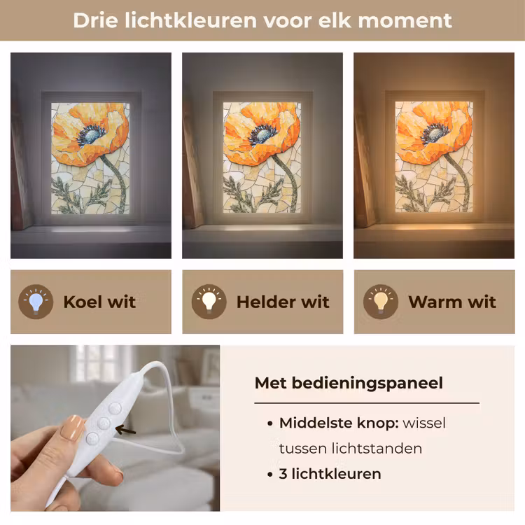 Klaprozen - Oranje - Mozaïek - Bladeren Light Box met kabel (Tafellamp) klein -USP_lichtkleurNL