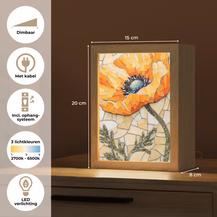 Klaprozen - Oranje - Mozaïek - Bladeren Light Box met kabel (Tafellamp) klein -USP_NL