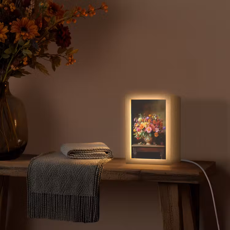 Kleuren - Boeket - Vaas - Hout Light Box met kabel (Tafellamp) klein -sfeer4
