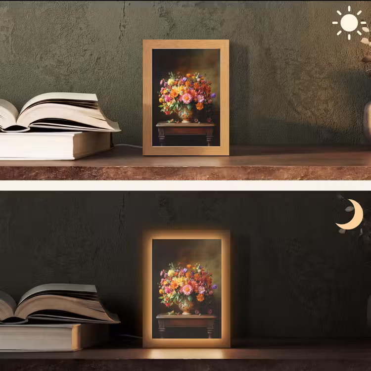 Kleuren - Boeket - Vaas - Hout Light Box met kabel (Tafellamp) klein -sfeer3