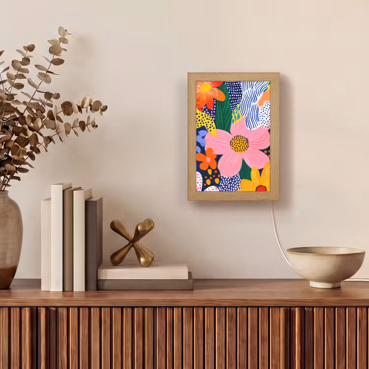 Kleurrijk - Bloemen - Abstract - Stippen Light Box met kabel (Tafellamp) klein -sfeer2