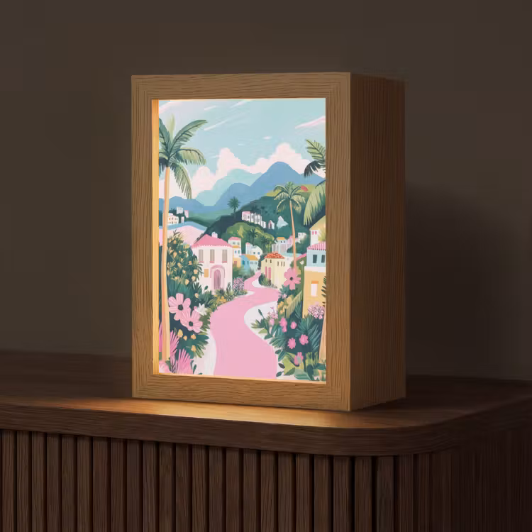 Kleurrijk - Huizen - Heuvels - Roze Light Box met kabel (Tafellamp) klein -z3d_website