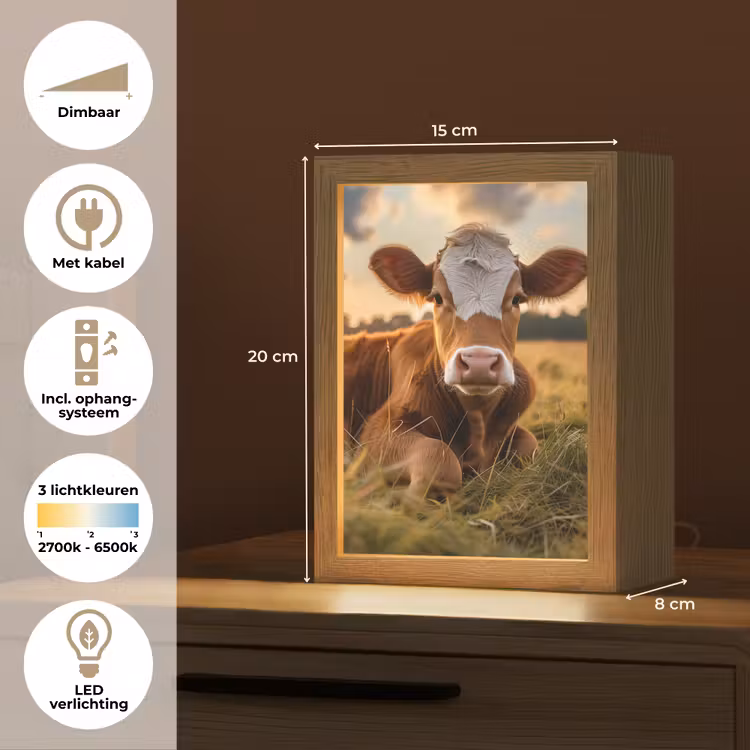 Koe - Dier - Weiland - Gras - Dieren - Natuur Light Box met kabel (Tafellamp) klein -USP_NL