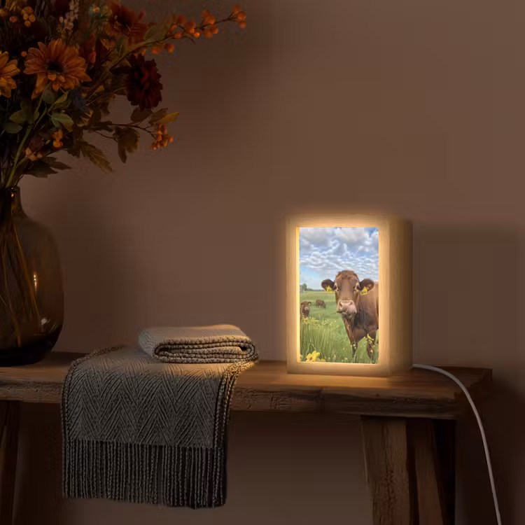 Koe - Weide - Bloemen Light Box met kabel (Tafellamp) klein -sfeer4