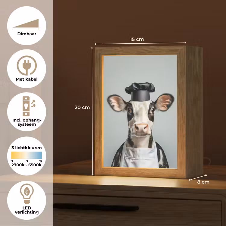 Koe - Zwart - Wit - Kok Light Box met kabel (Tafellamp) klein -USP_NL