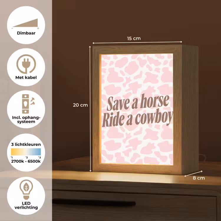 Koeienprint - Roze - Cowboy - Horse Light Box met kabel (Tafellamp) klein -USP_NL
