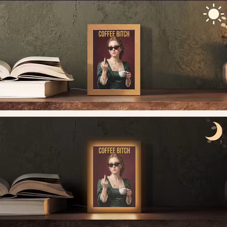 Koffie - Vrouw - Middelvinger Light Box met kabel (Tafellamp) klein -sfeer3