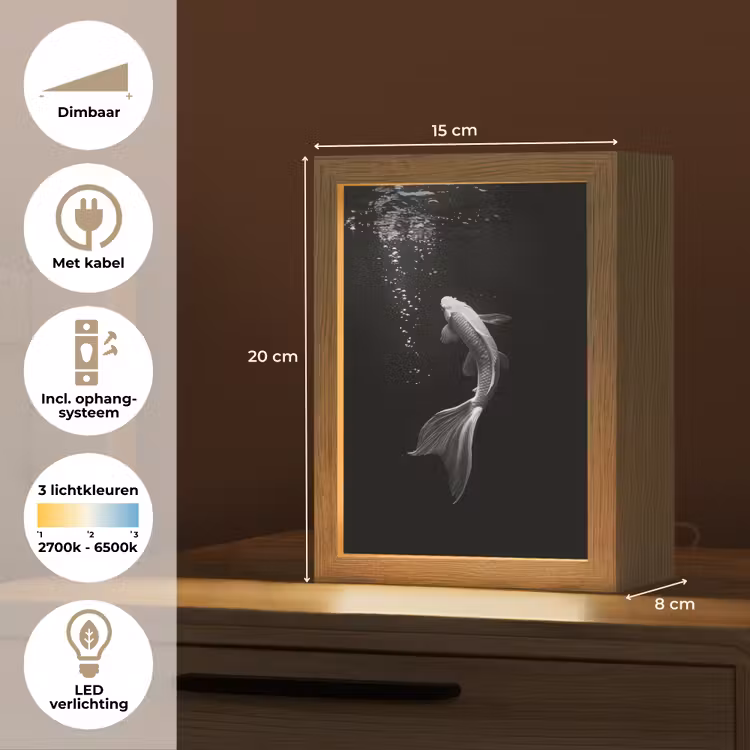 Koi - Vis - Wit - Zwart Light Box met kabel (Tafellamp) klein -USP_NL