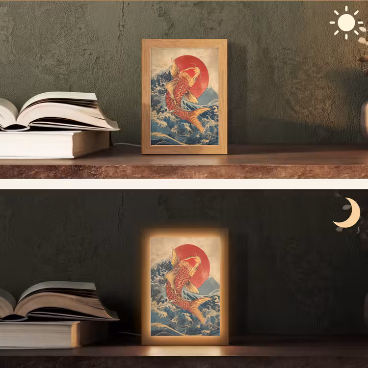 Koi - Zee - Golven - Zon Light Box met kabel (Tafellamp) klein -sfeer3
