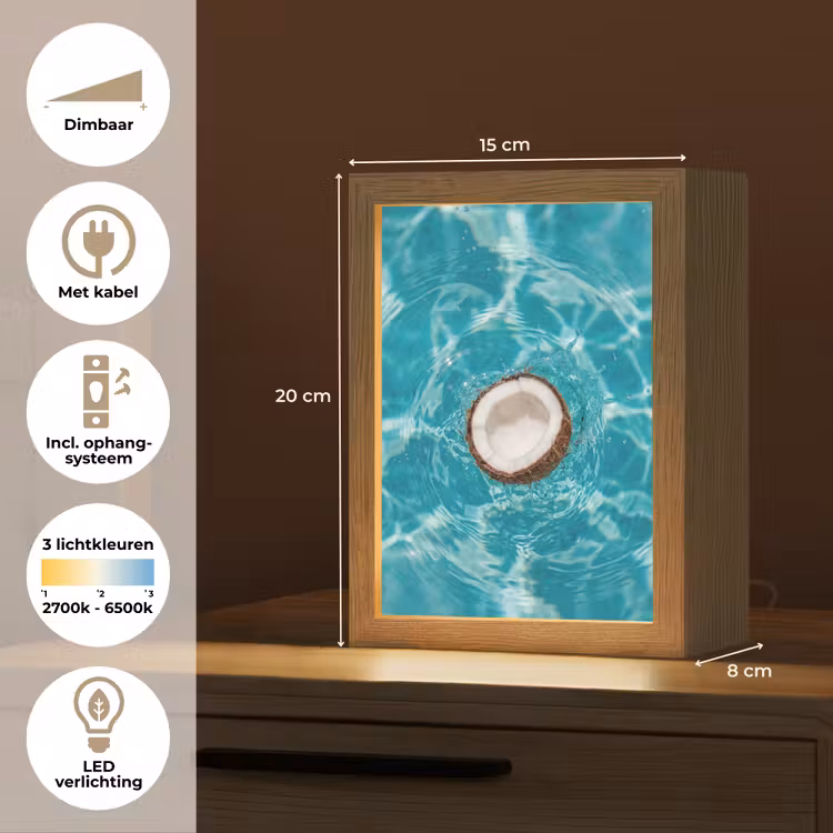 Kokosnoot - Water - Wit Light Box met kabel (Tafellamp) klein -USP_NL