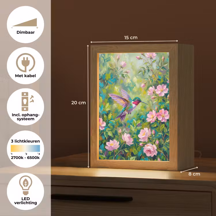 Kolibrie - Bloemen - Natuur - Kleurrijk Light Box met kabel (Tafellamp) klein -USP_NL