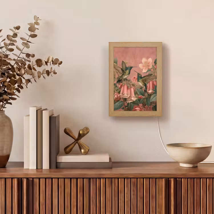 Kolibries - Bloemen - Groen - Roze Light Box met kabel (Tafellamp) klein -sfeer2