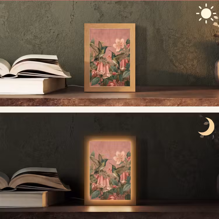 Kolibries - Bloemen - Groen - Roze Light Box met kabel (Tafellamp) klein -sfeer3
