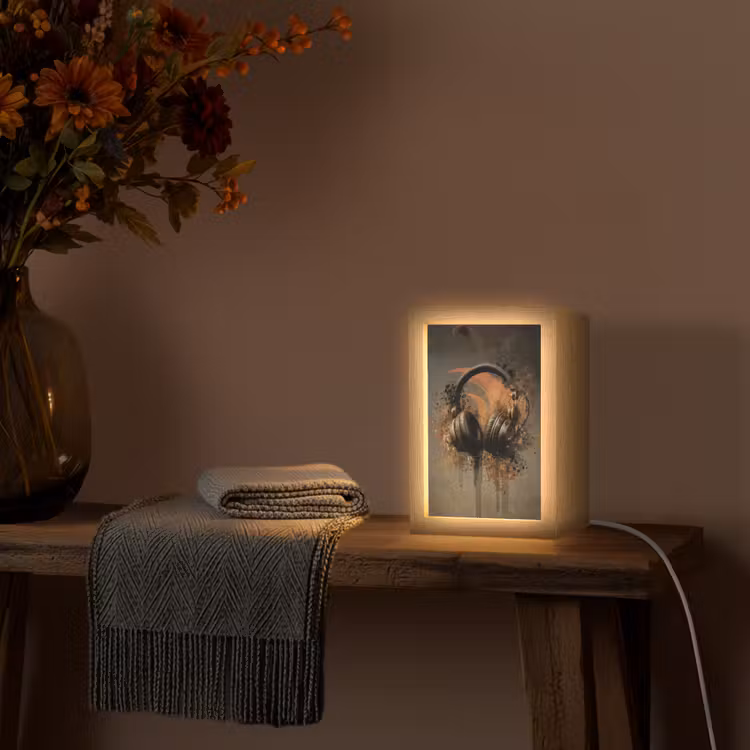 Koptelefoon - Bruin - Verf - Vintage Light Box met kabel (Tafellamp) klein -sfeer4
