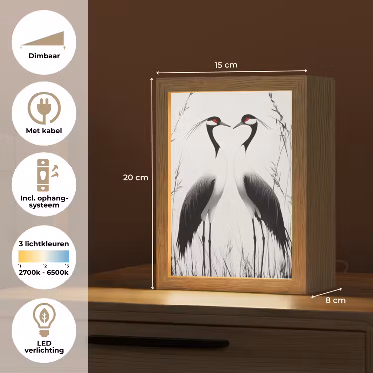 Kraanvogels - Gras - Hartvorm - Zwart Light Box met kabel (Tafellamp) klein -USP_NL