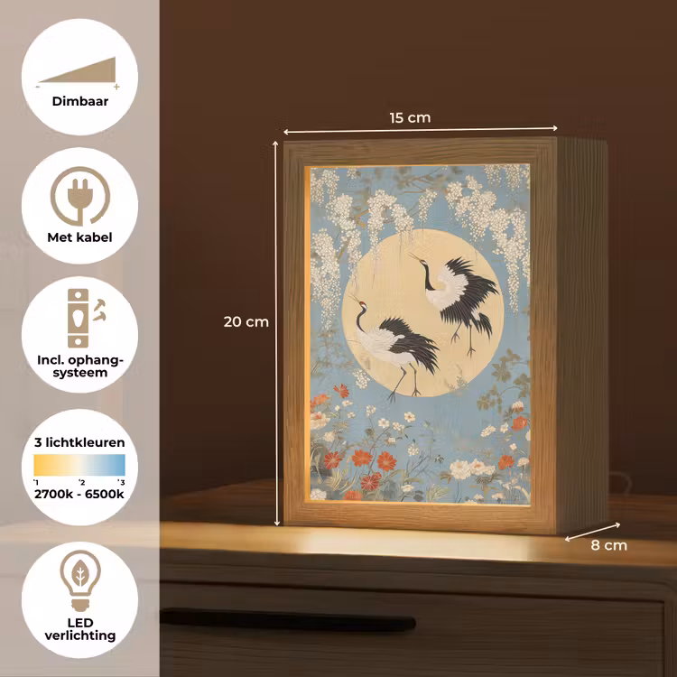 Kraanvogels - Maan - Bloemen - Blauw Light Box met kabel (Tafellamp) klein -USP_NL