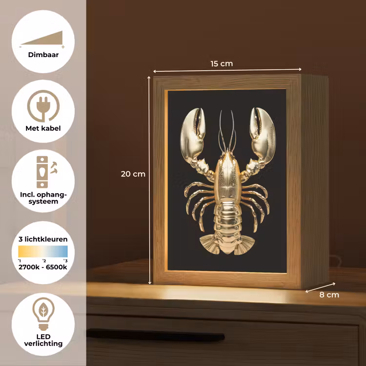 Kreeft - Goud - Textuur - Zwart Light Box met kabel (Tafellamp) klein -USP_NL