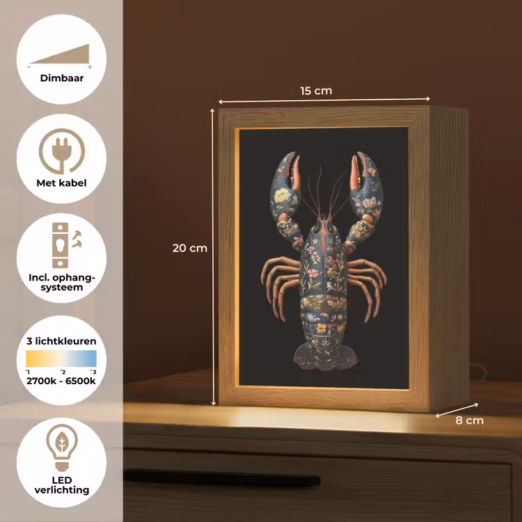 Kreeft - Zwart - Bloemenpatroon - Artistiek Light Box met kabel (Tafellamp) klein -USP_NL
