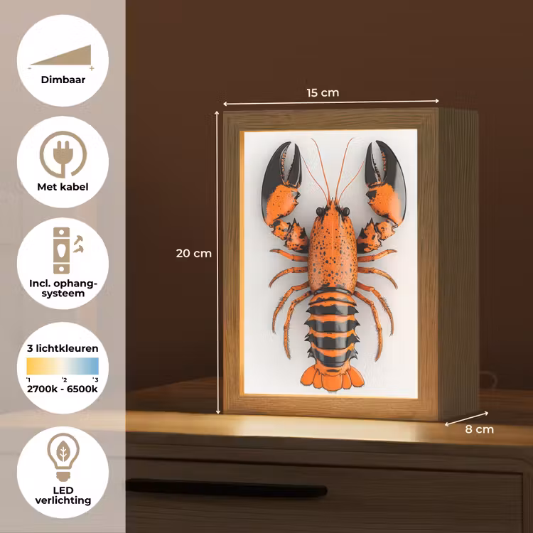 Kreeft - Zwart - Oranje - Wit - Uniek Light Box met kabel (Tafellamp) klein -USP_NL