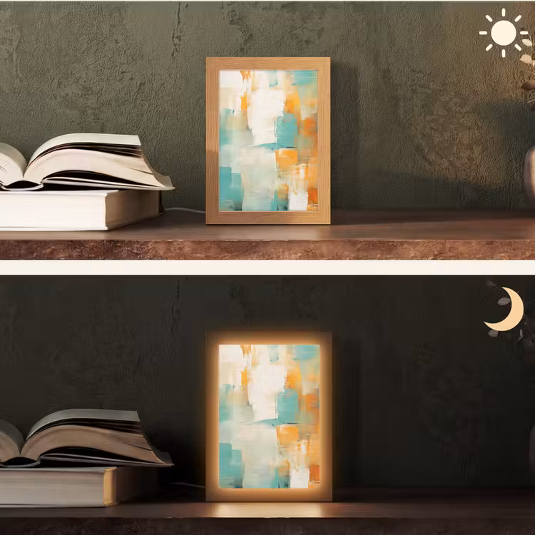 Kunst - Abstract - Blauw - Wit Light Box met kabel (Tafellamp) klein -sfeer3