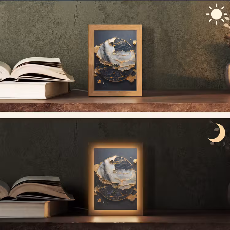 Kunst - Goud - Zwart - Modern - Abstract Light Box met kabel (Tafellamp) klein -sfeer3