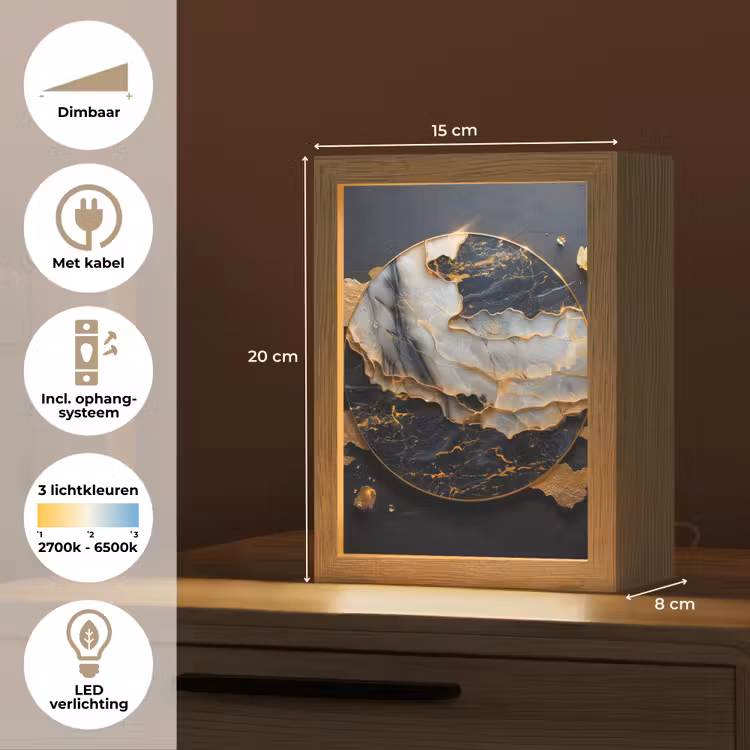 Kunst - Goud - Zwart - Modern - Abstract Light Box met kabel (Tafellamp) klein -USP_NL