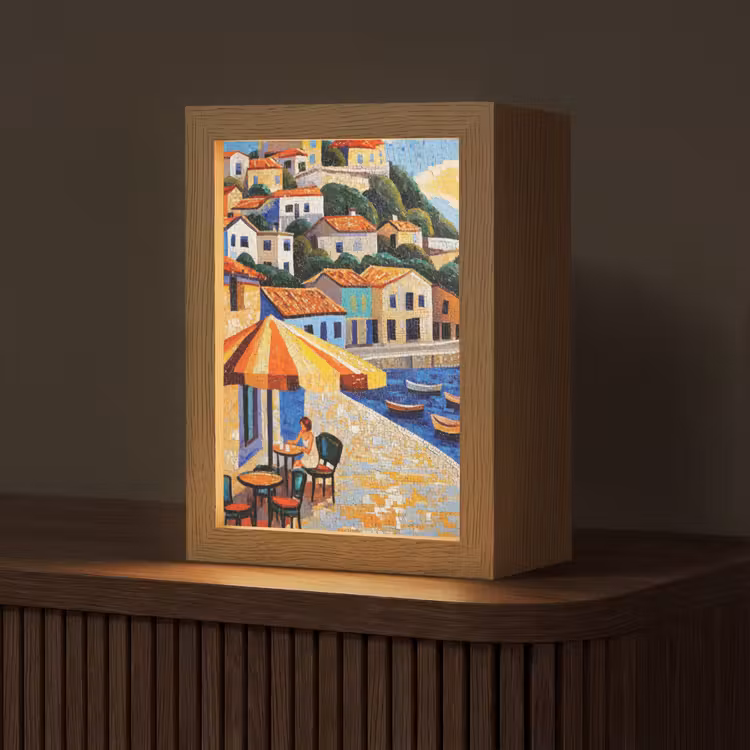 Kustdorp - Huisjes - Mozaïek - Zee Light Box met kabel (Tafellamp) klein -z3d_website