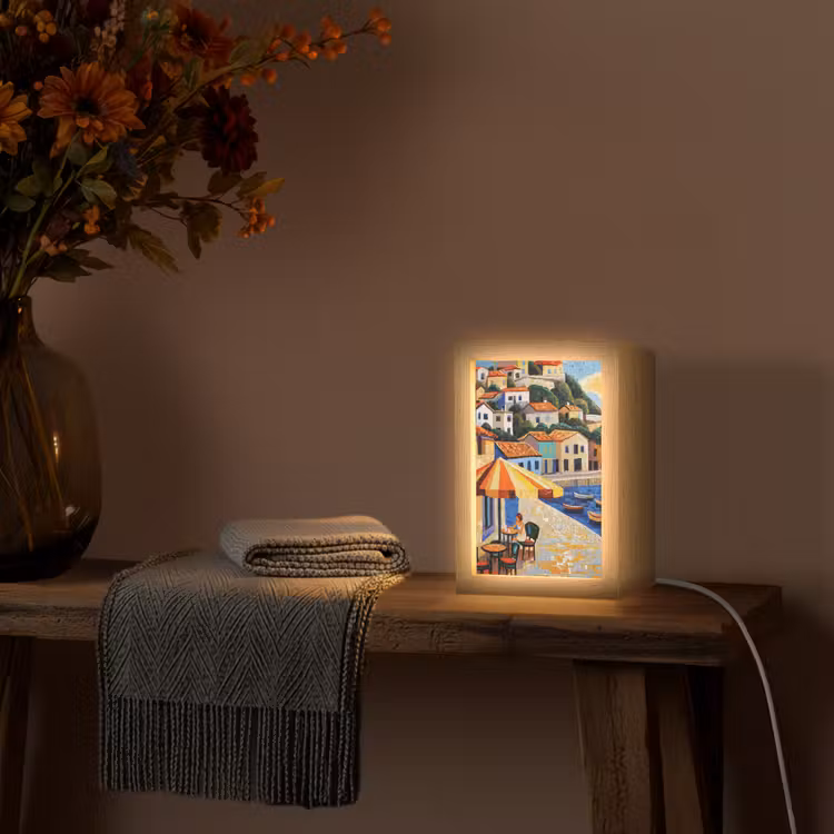 Kustdorp - Huisjes - Mozaïek - Zee Light Box met kabel (Tafellamp) klein -sfeer4