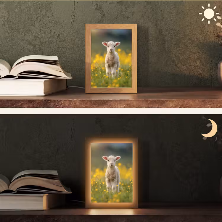 Lammetje - Gras - Bloemen - Geel Light Box met kabel (Tafellamp) klein -sfeer3